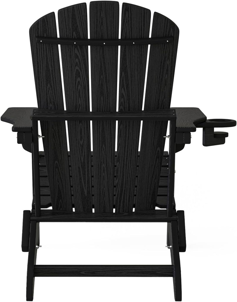 HDPE Folding Adirondack Chair Set of 2 with Cup Holder, Black | SGS Tested, Wooden Textured, Heavy All-Weather HDPE