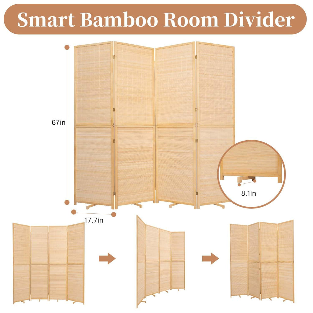 Room Divider Folding Privacy Screens, Hand-Made Natural Bamboo Room Dividers