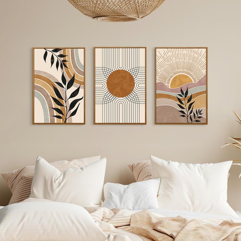 Boho Framed Canvas Wall Art Prints, Set of 3 Mid Century Modern Wall Decor, Nature Plants Desert Sun Art Paintings