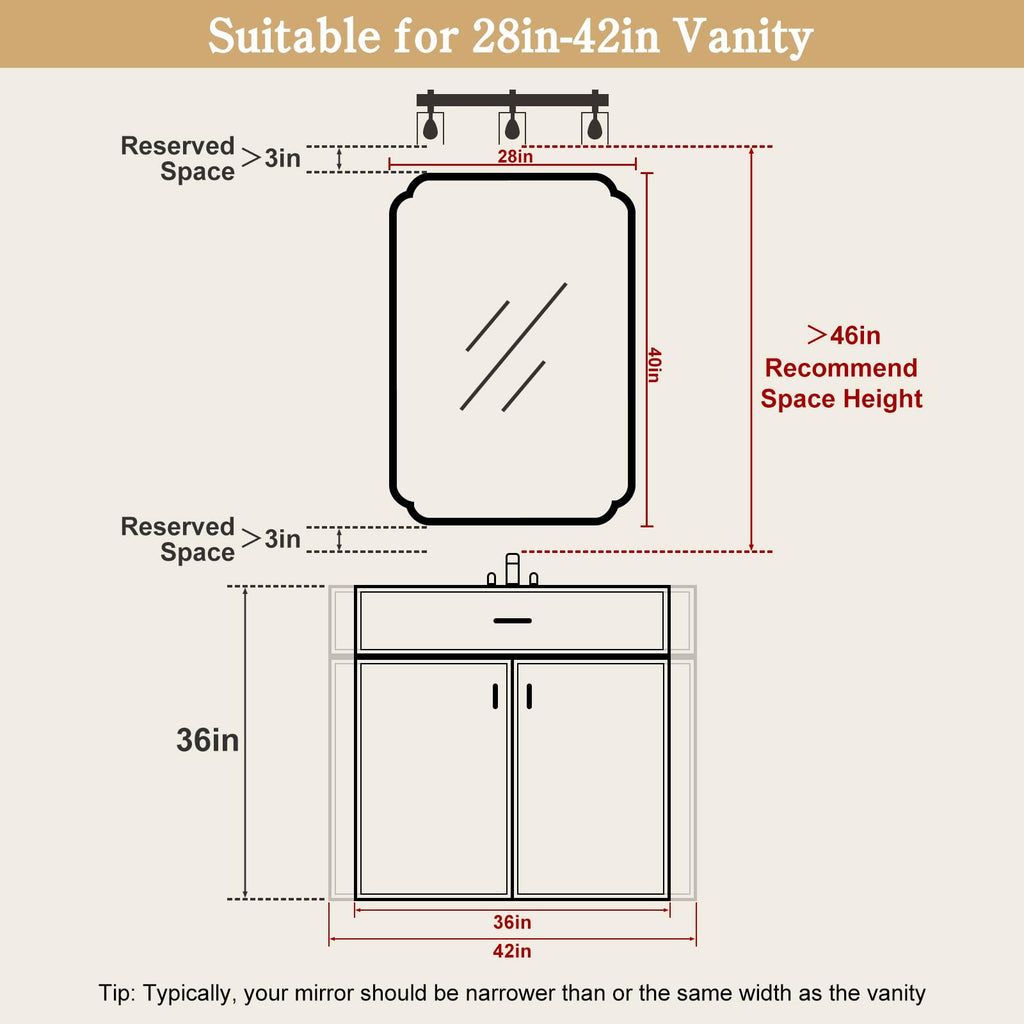 28" x 40" Wood Bathroom Mirror for Wall Mounted, Rustic Rounded Corner Vanity Mirror Home Decorative [28" x 40"