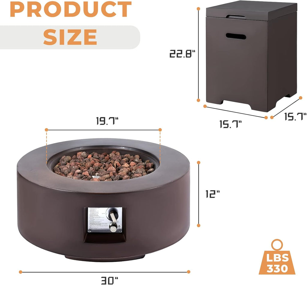 2-Piece Gas Fire Pit, Outdoor Propane Firepit Table Set w/Tank Cover, 30''Auto-Ignition Round Steel Fire Table