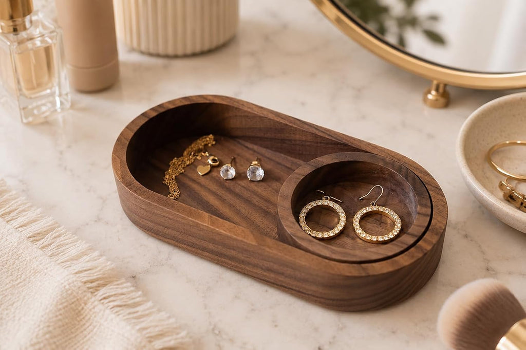 Black Walnut Oval Tray with Removable Round Dish - Solid Wood Jewelry Organizer, Ring Holder, Desk Valet, Minimalist