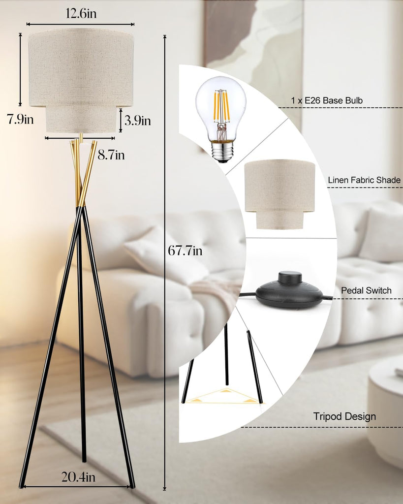 Gold Tripod Floor Lamp, Modern Floor Lamp, Standing Lamp with Linen Shade, E26 Bulb Included, 66" Tall Floor Lamps