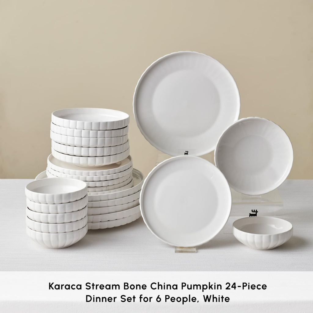 24-Piece Bone China Pumpkin Dinnerware Set for 6, White Elegant Tableware, Plates and Bowls Set, Durable Fine China