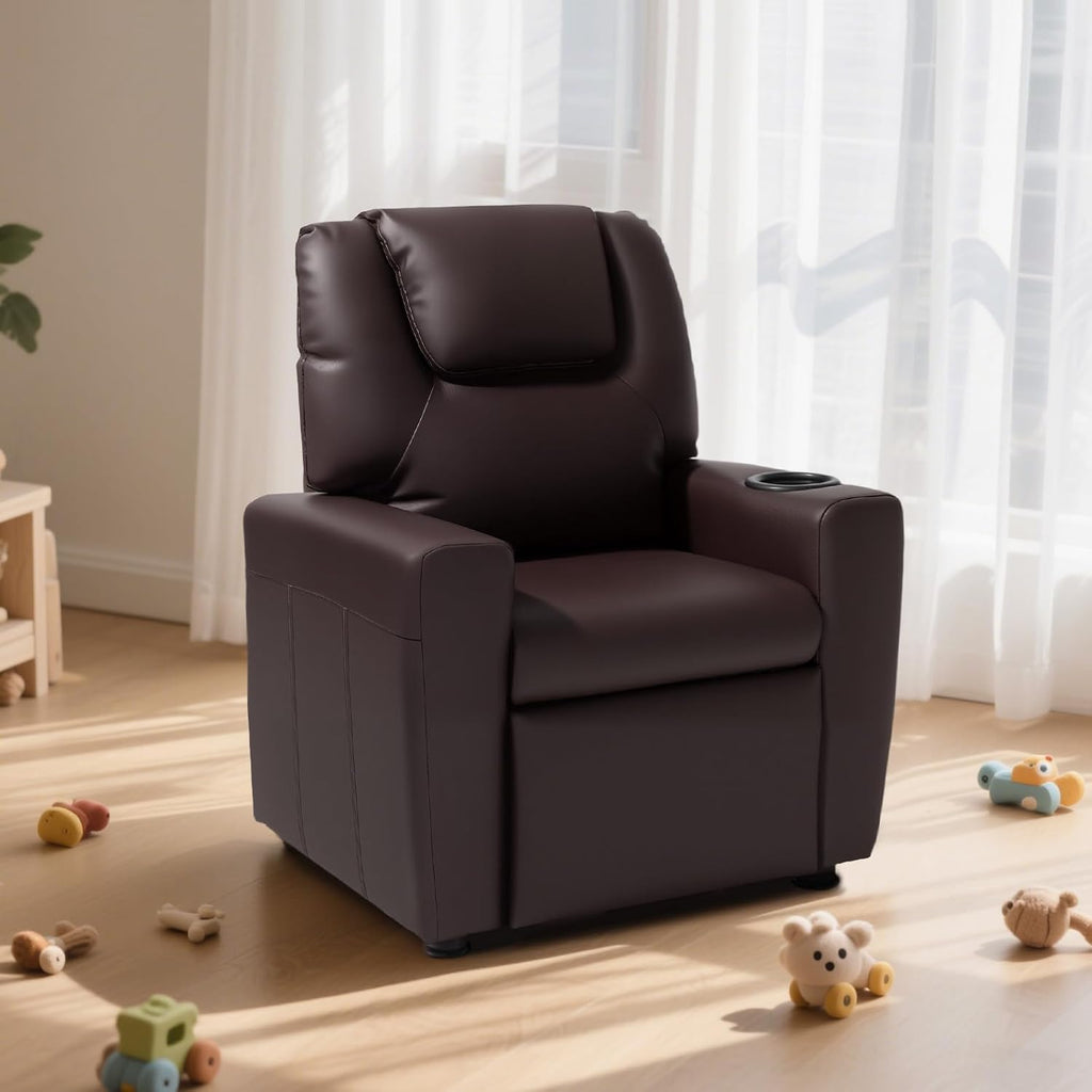 Kids Recliner, Toddler Recliner with Cup Holder, 101° to 121° Adjustable Backrest, Push Back PU Leather Kids