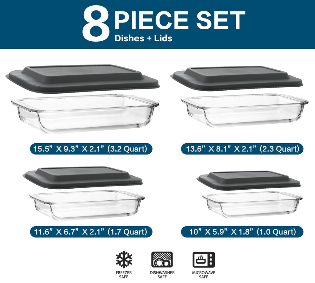 8 Piece Deep Glass Baking Dish with Lids, BPA free, Gray