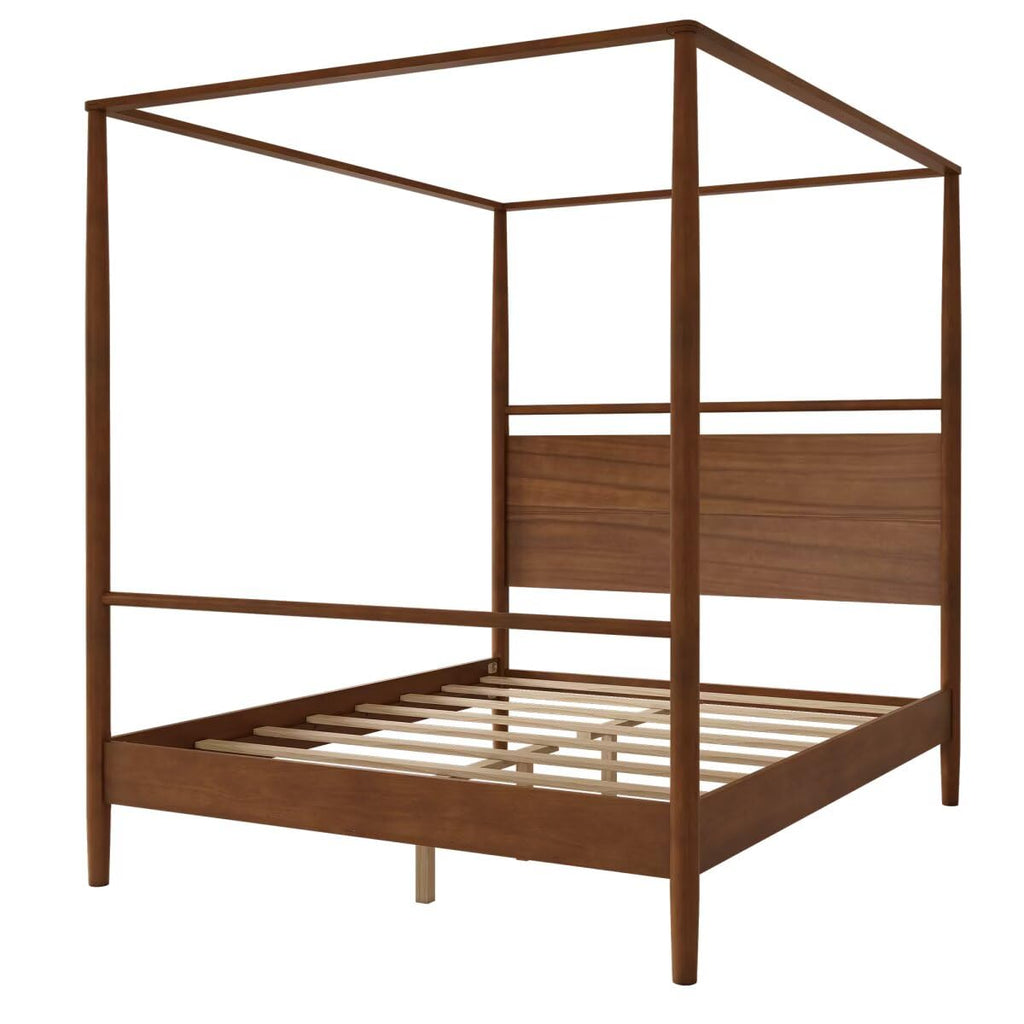 Queen Size Canopy Bed Frame Four Posters Bed No Box Spring Needed, Walnut