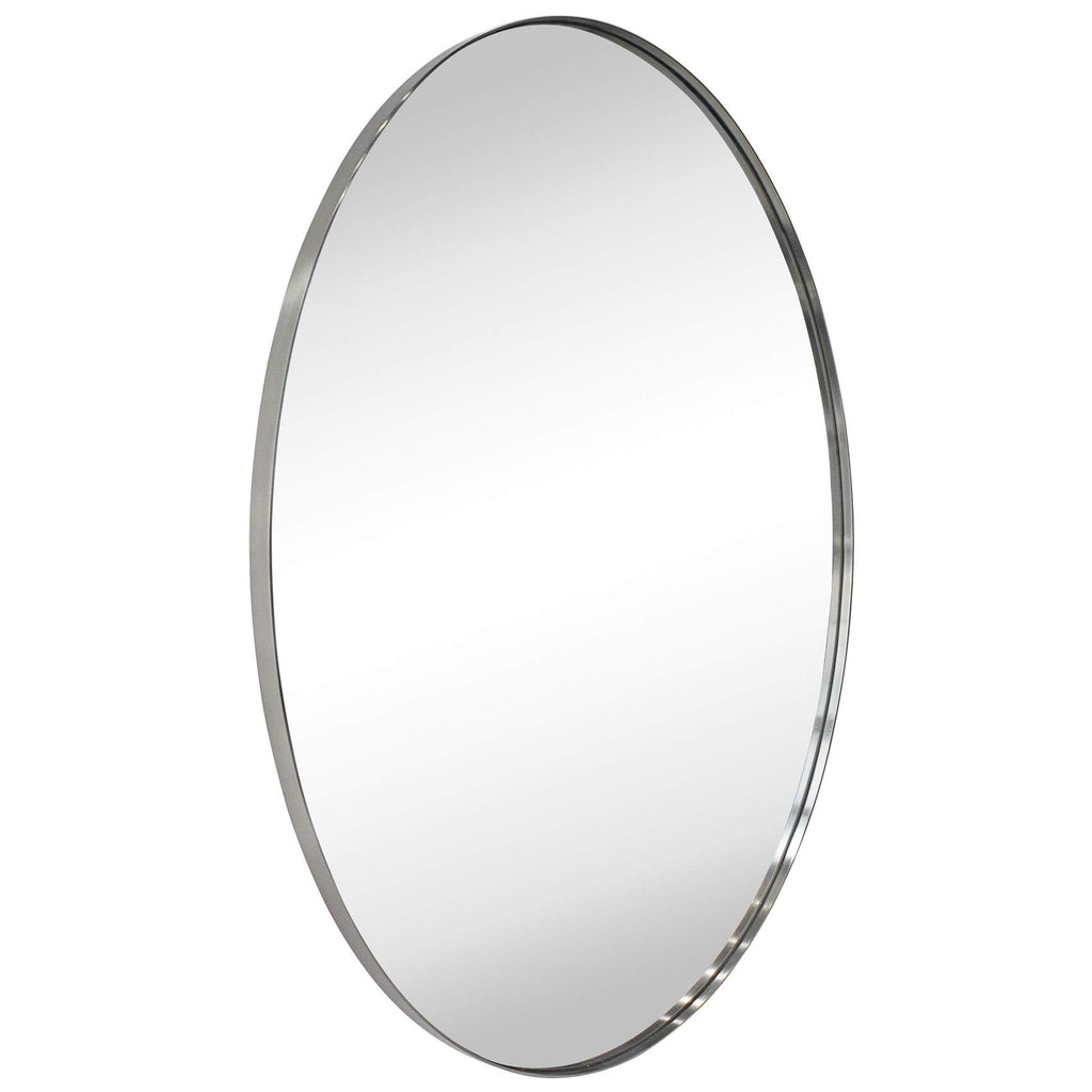Oval Brushed Silver Metal Framed Bathroom Mirror for Wall in Stainless Steel Modern Farmhouse Bathroom Vanity Mirrors
