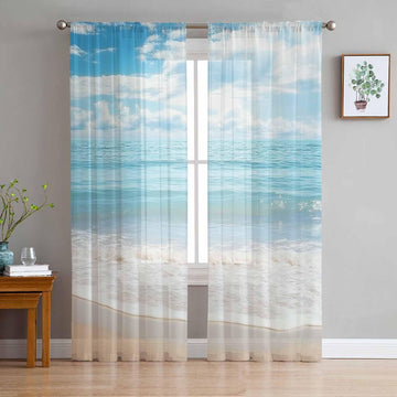 Ocean Beach Theme Sheer Curtains 84 Inch Length 2 Panels Set /Bedroom, Tropical Sea Sky View Beach House Theme Semi