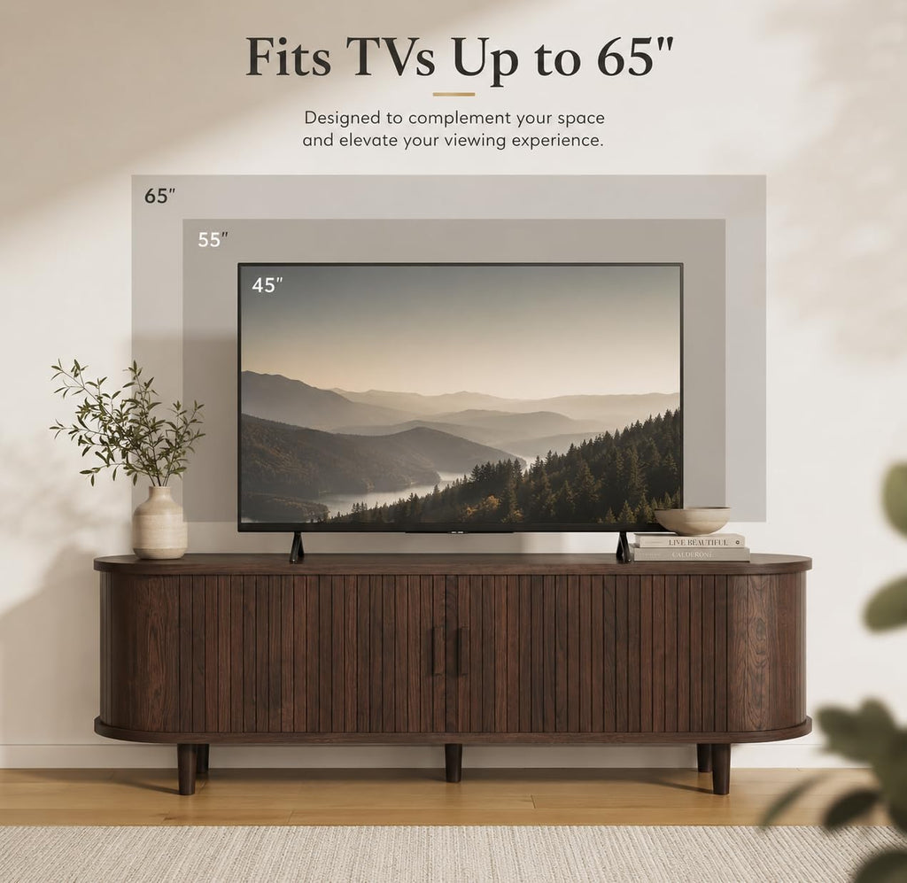 58" Mid-Century Modern TV Stand with Sliding Doors, TV Consoles with Power Outlet, Fluted Entertainment Center with