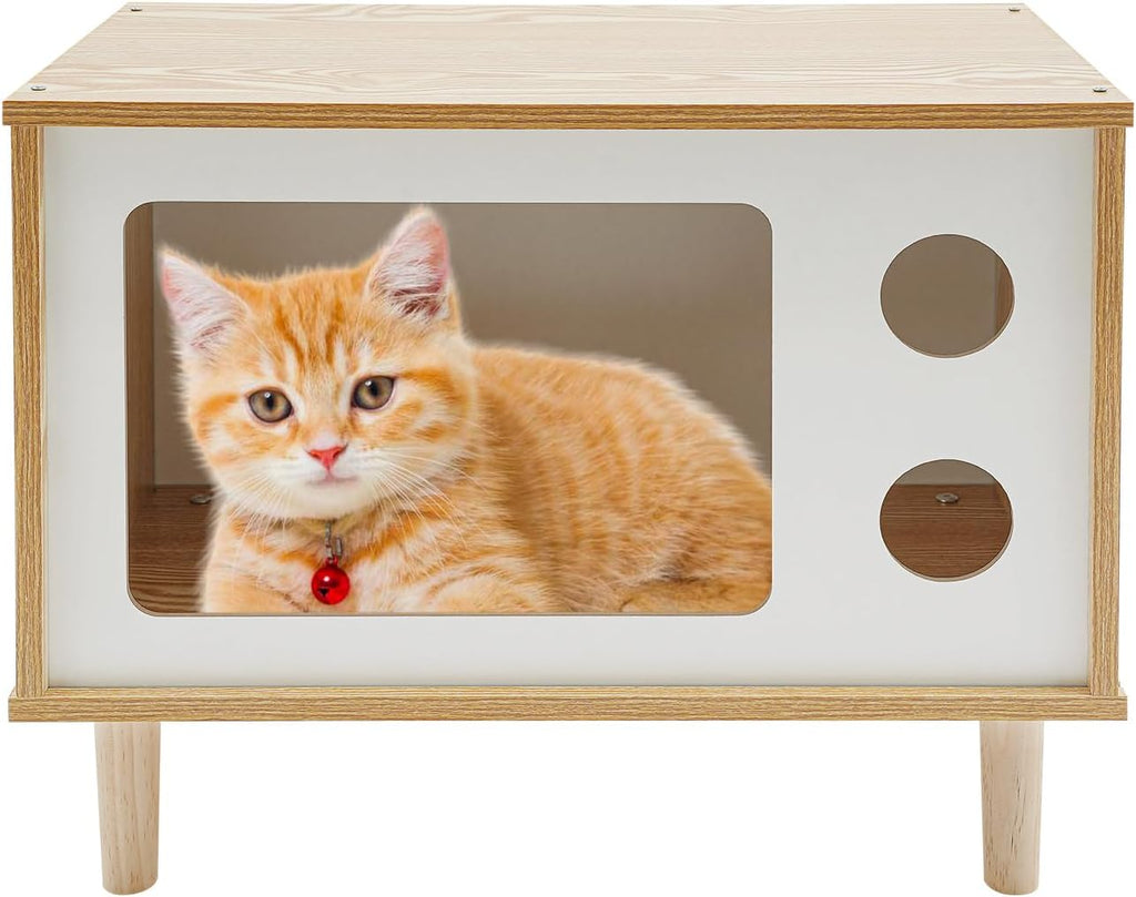 Cat House, TV-Shaped Wooden Condo Cat Bed Indoor, for Cats, Kittens, Small Pets, Indoor Play House, 19.7"x11.4"x15.7"