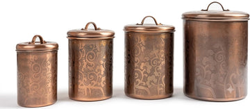 Etched Antique Copper Stainless Steel 4pc Canister Set, Beautiful Food Storage Container Counter, Tea, Sugar, Coffee