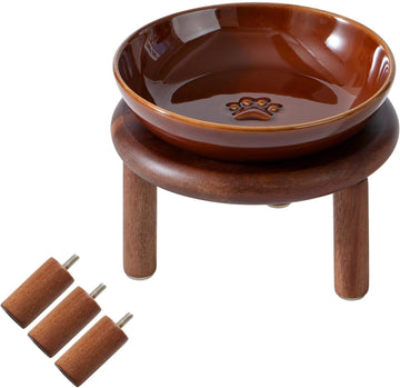 Elevated Cat Bowls, Ceramic Cat Bowl with Wood Stand, Wide Opening
