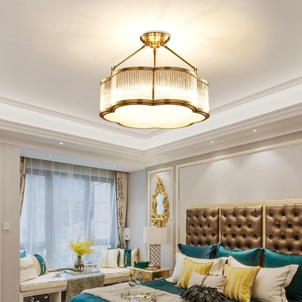 24 in Large Semi Flush Brass Chandelier for Living Room Bedroom | 6-Bulbs Design,Gold Ceiling Light,Art Deco Light
