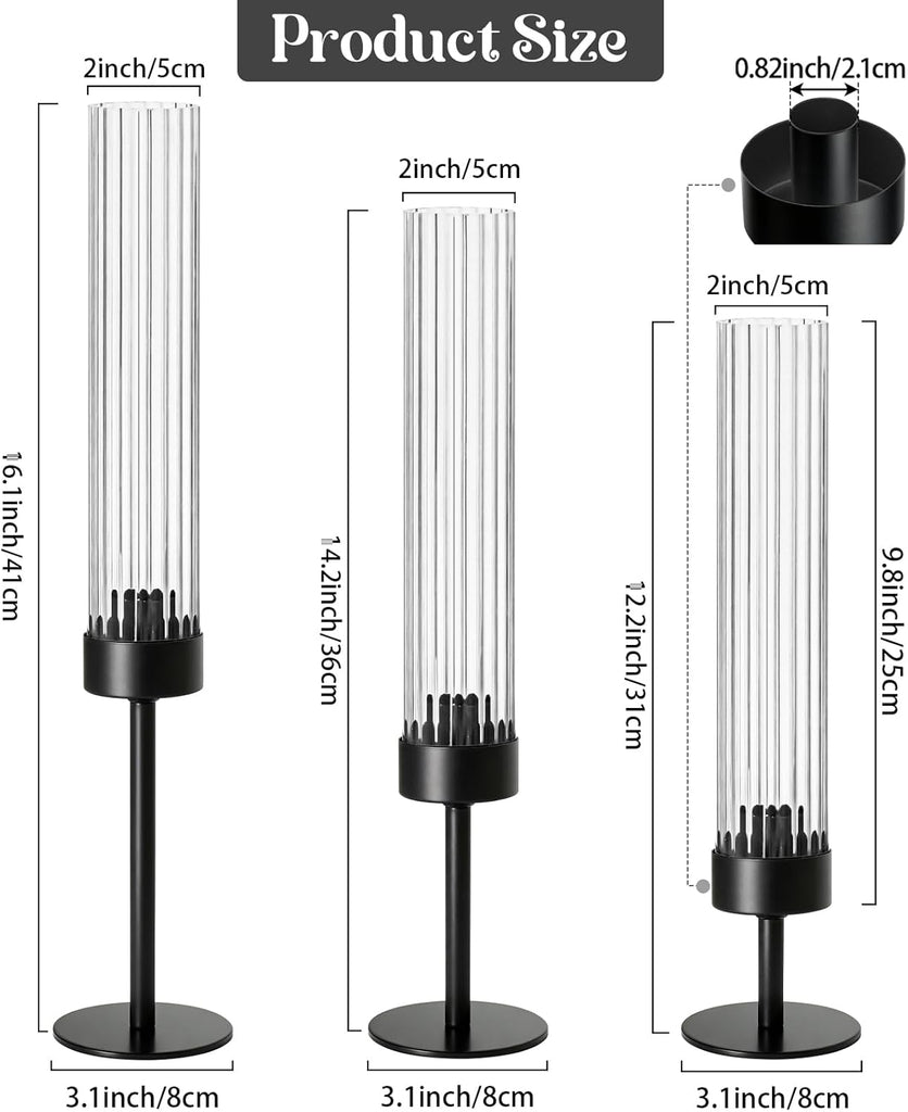 Metal & Acrylic Taper Candle Holders with Ribbed Design - Hurricane Clear Cylinder Candelabra, Dining Table