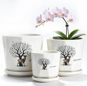 Deer Ceramic Plant Pots Set of 3, Modern Nordic Planters with Drainage Hole and Saucer, Decorative Flower Pot for