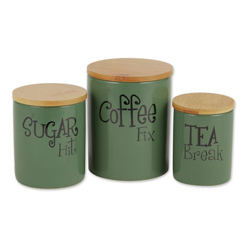 Retro Ceramic Canister Set of 3, Coffee Sugar Tea, Green Artichoke