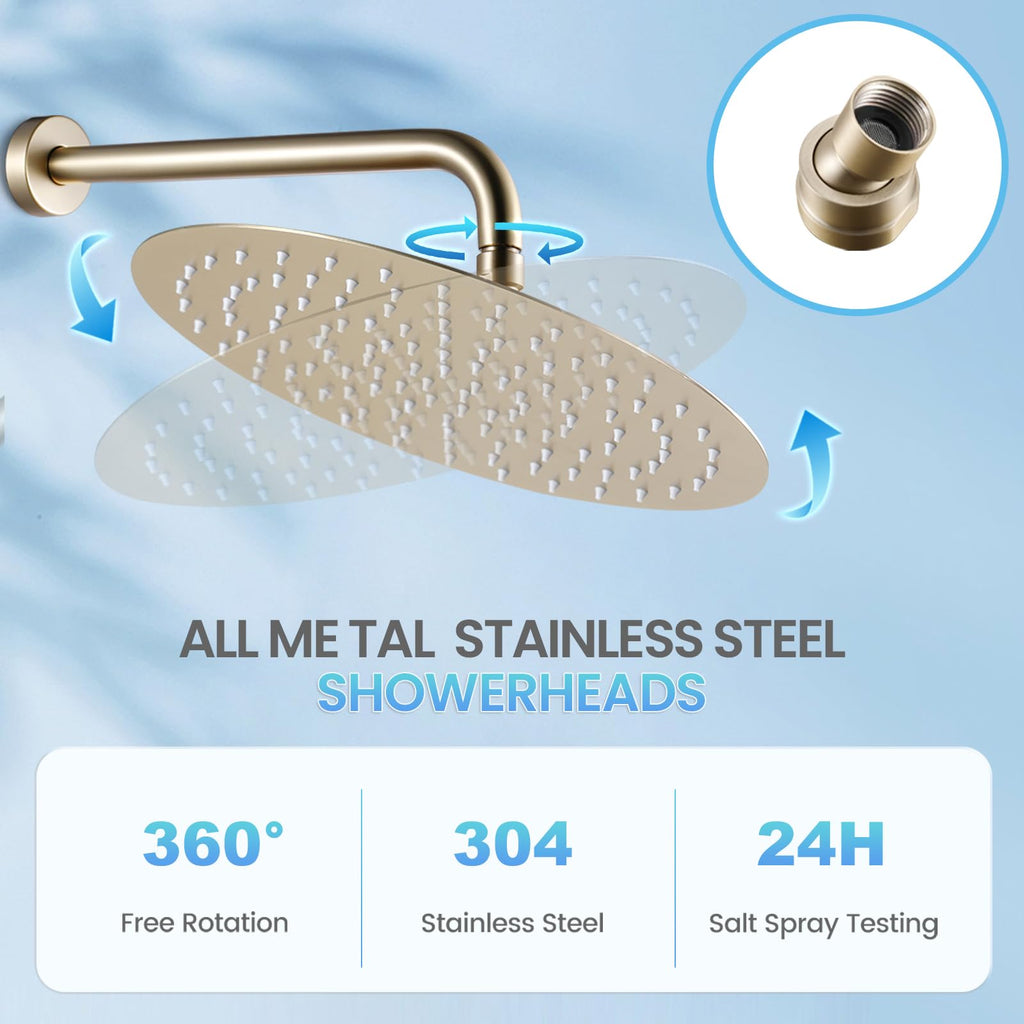 12 inch Brushed Gold Rainfall Shower Head - All Metal Stainless Steel Full Body Round Rain Shower with 120 Silicone