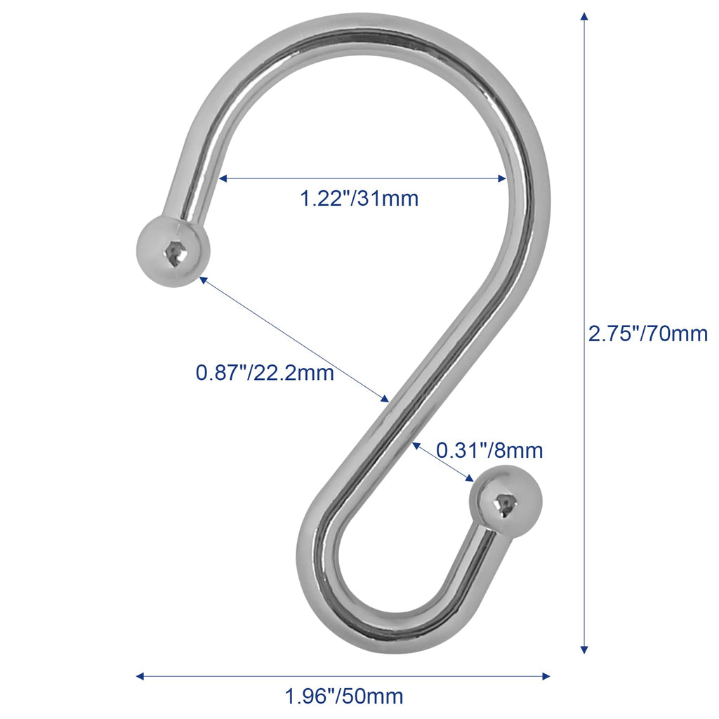 Metal Shower Curtain Hooks, Set of 12, Rust Proof Shower Curtain Hooks Rings, Durable S Shaped Hooks Hangers for