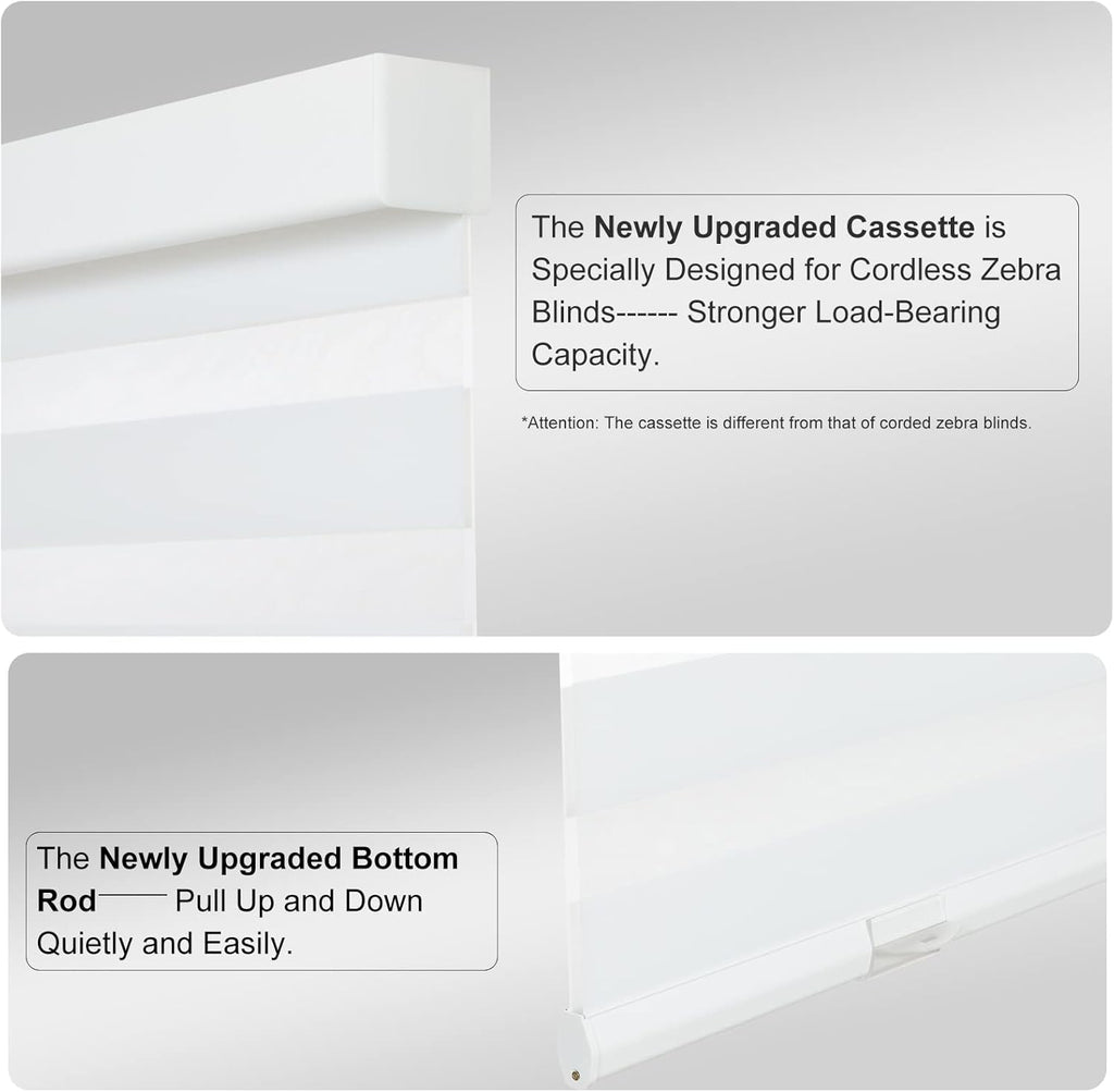 Cordless Zebra Blinds for Windows (24" W x 72" H, White) with Upgraded Cassette Free-Stop Light Filtering Dual Layers