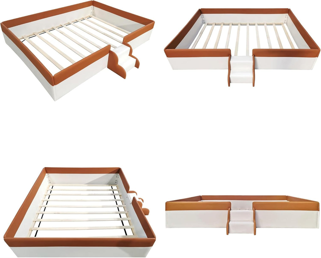 Queen Size Kids Floor Bed, Daybed Frame with Fence & Stairs, Upholstered Wood Bed , Brown+White