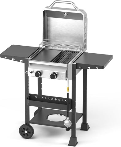 2-Burner Propane Gas Grill with Cast Iron Frying Pan and Grates Combo, 16,000 BTU Stainless Steel BBQ Grill for Patio, Backyard, and Outdoor Parties