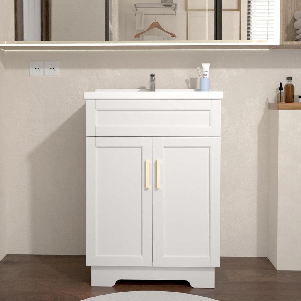 Bathroom Vanity with Ceramic Sink,Bathroom Vanities Cabinet with Large Storage Space, Wooden Bathroom Sink Cabinet for Apartment & Small Space (Milky White Finish, 24 Inch) A133-B0D6FGY21R