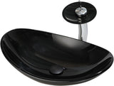 Black Oval Bathroom Vessel Sink Tempered Glass Washing Bowl Combo Above Counter Chrome Waterfall Faucet Pop Up Drain Set