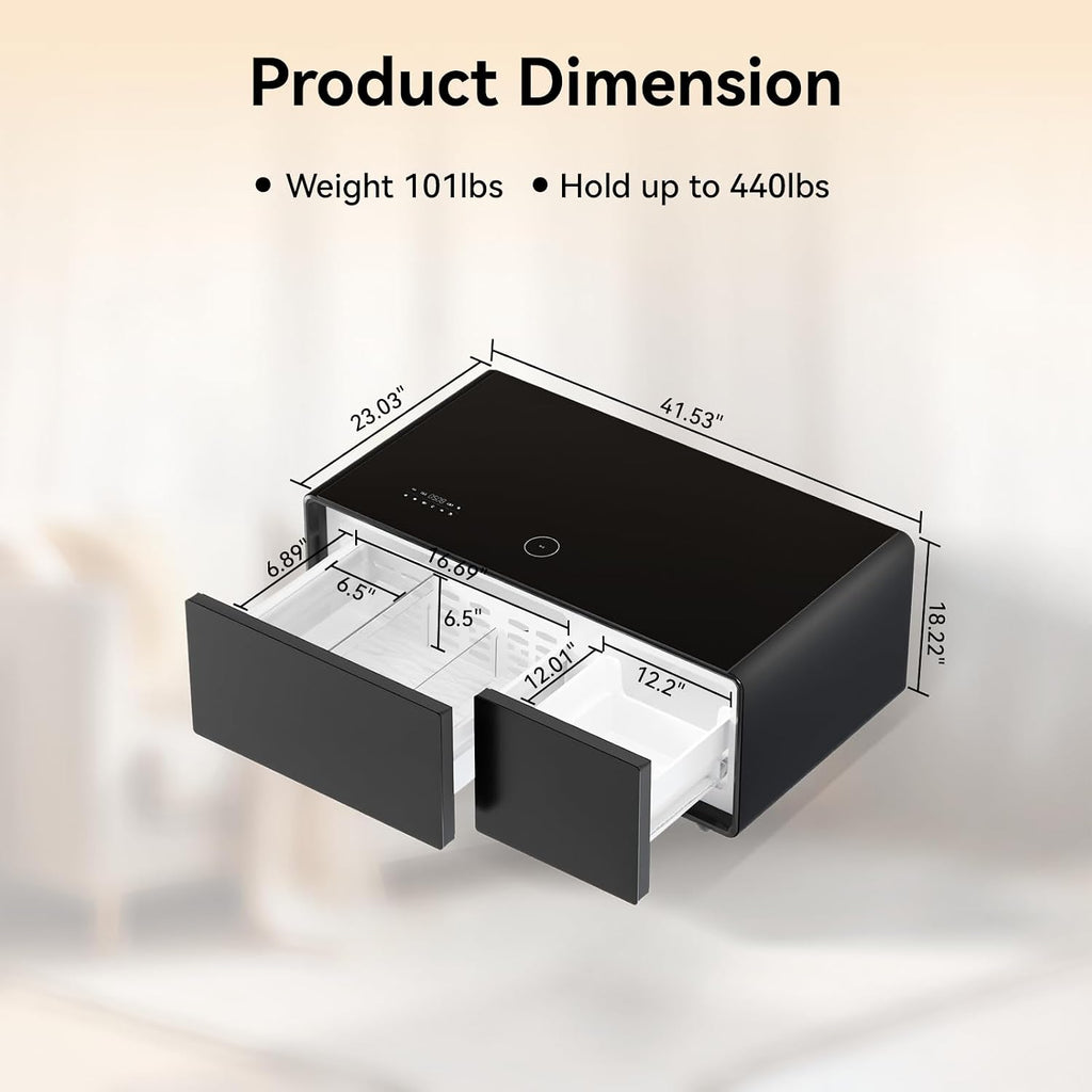 Smart Coffee Table with Refrigerator and Freezer Drawers - Wireless Charging, Bluetooth Speakers, LED - Black