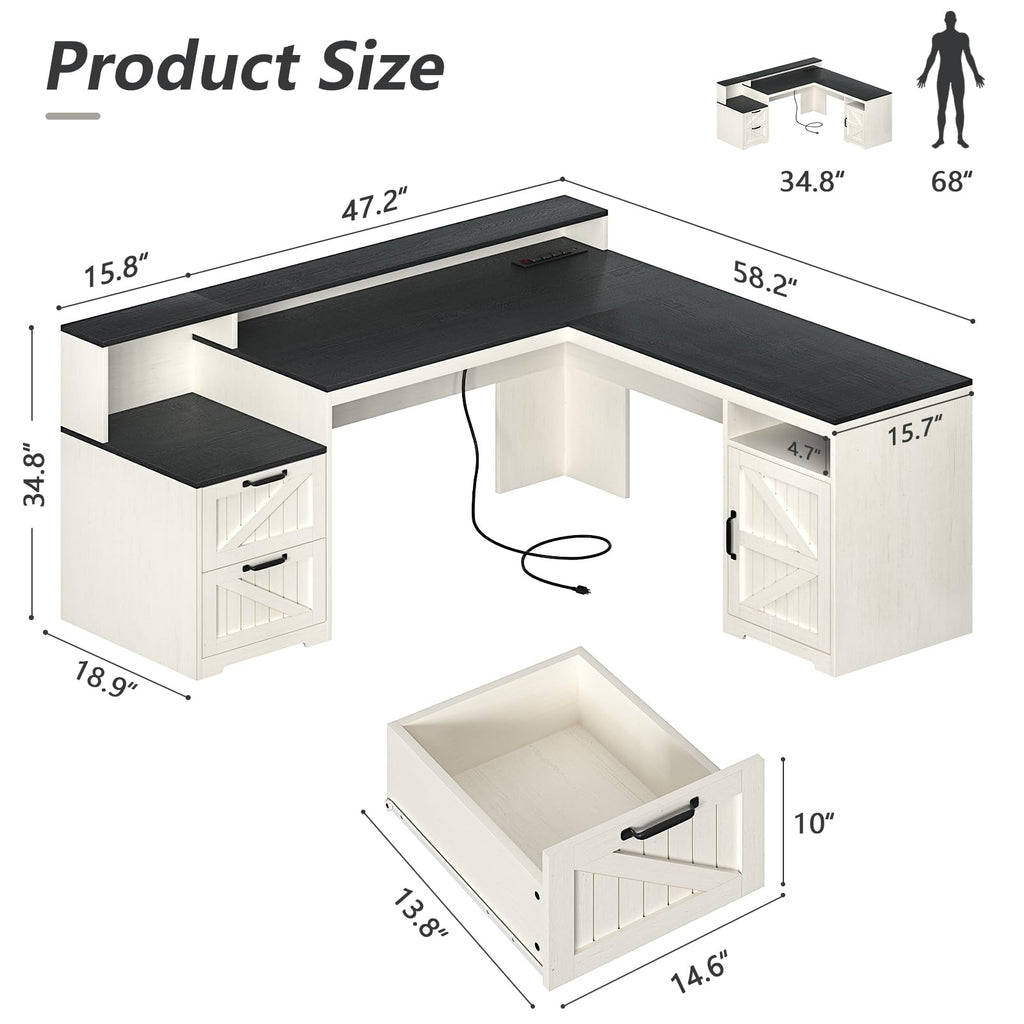 63" Farmhouse L Shaped Desk with Drawers & Printer Shelf