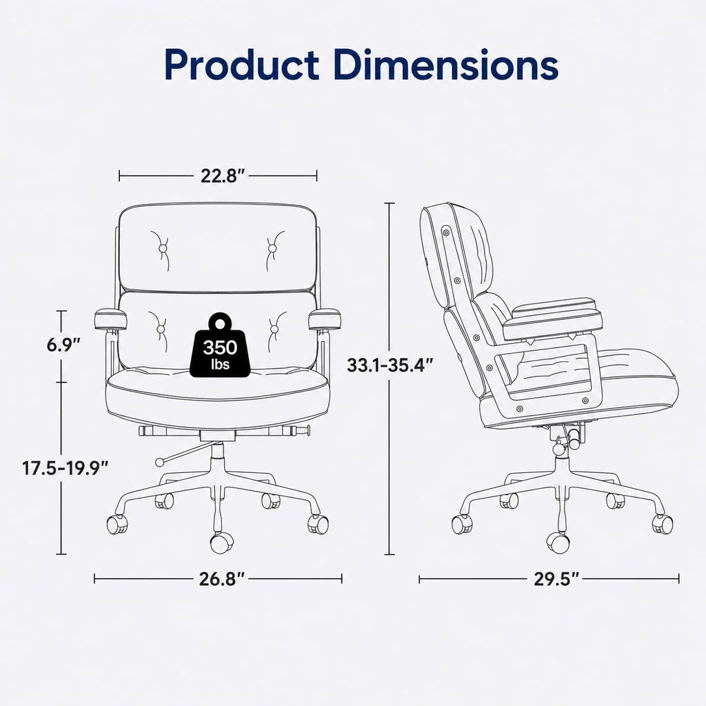 Home with Top Grain Leather, Padded Armrests, Mid-Back Upholstered Executive Leather Desk Chair, Aluminum Frame
