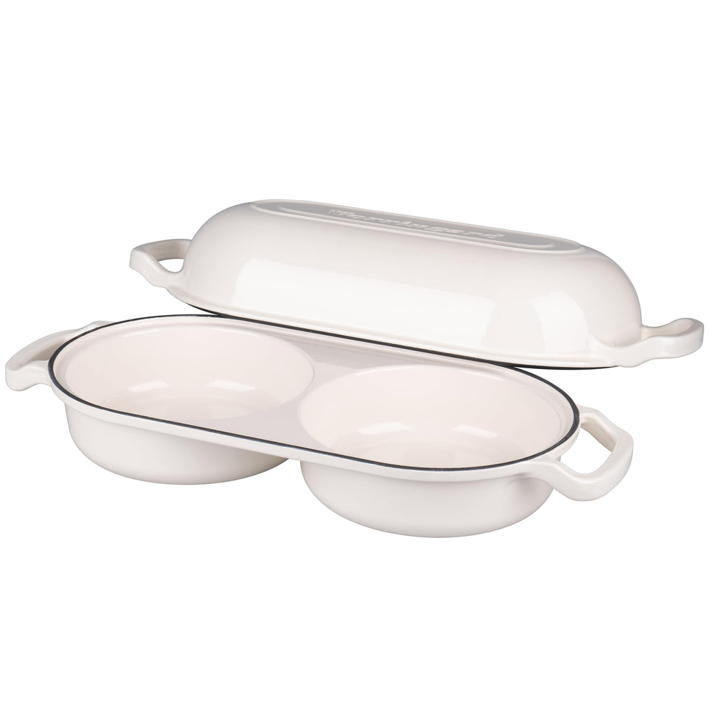 Enameled Cast Iron Double Dutch Oven with Lid, Dual Round Loaf Pan, Bread pan made Sourdough Bread Baking, White
