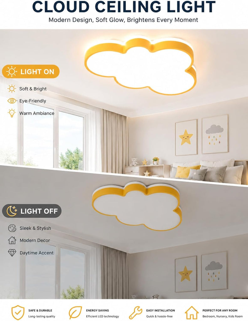 Yellow Cloud Ceiling Light with Remote, 23" Kids Room LED Flush Mount Ceiling Light, 3 Color Temperatures