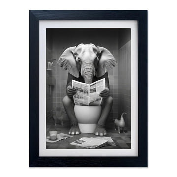 Bathroom Decor Wall Art Black and White Framed Bathroom Picture Canvas Print Elephant in Toilet Reading Newspaper