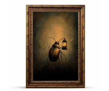 Vintage Gold Framed Wall Art Retro Dark Beetle with Lantern Academia Insect Poster Canvas Print Painting, Farmhouse
