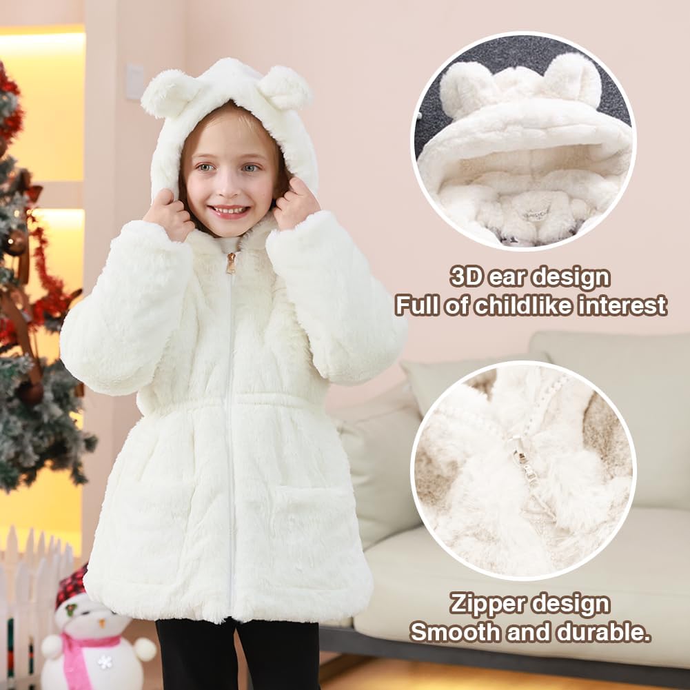 Kids Girls Winter Warm Coats Jacket Clothes Outwear Overcoat Ear Hooded Faux Fur Thicken Fleece Toddler