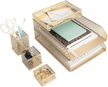 Gold Desk Organizer Set for Women 6 Piece | Mail Sorter Organizer Countertop with Letter Sorter for Desk | Steel