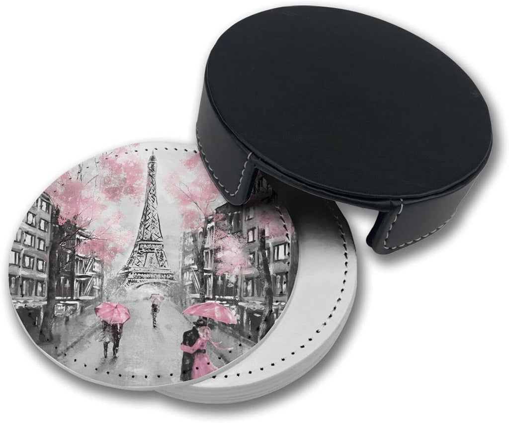 France Eiffel Tower Coasters For Drinks With Holder Leather Coasters Table Decor Protect Furniture From - Set of 6