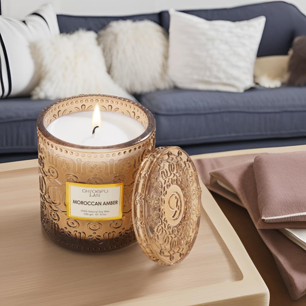 Amber Candles Scented, Gifts for Women & Men, Luxury Glass Jar Candle, Natural Soy Wax, Home Decor, 55 Hours Long