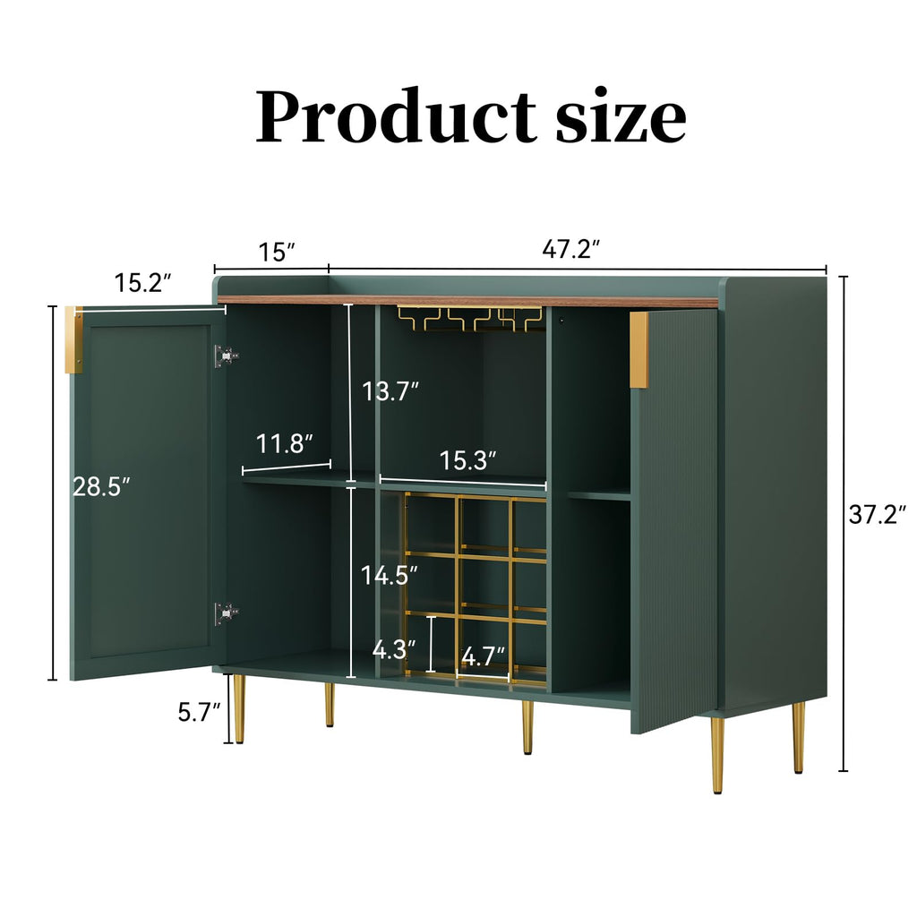48" Wine Bar Cabinet with Fluted Texture, Buffet Sideboard, Green
