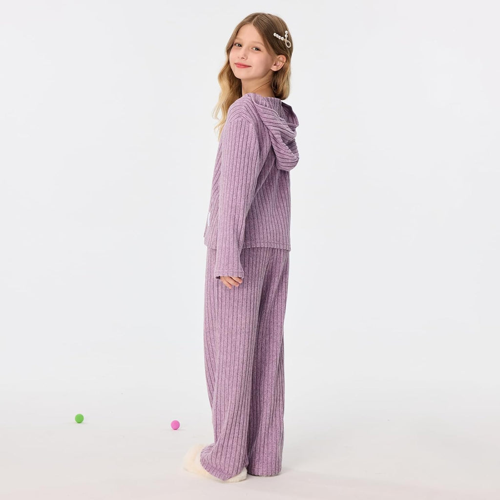 2 Pieces Outfits Lounge Set Knit Hoodies Flare Pants Sweatshirts and Sweatpants Kids Tracksuits