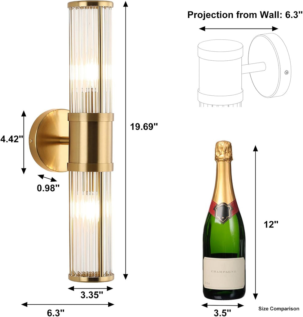 Brushed Brass Vanity Light Fixture 1 Pack, Dual Glass Rods Wall Sconce , Double Light Socket E12 Candelabra Base