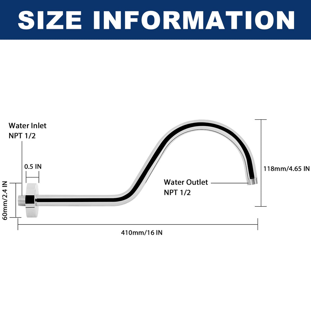 Shower Extension Arm with Flange - S Shaped High Arc Gooseneck Long Shower Extender Pipe, Perfect for Rainfall Shower
