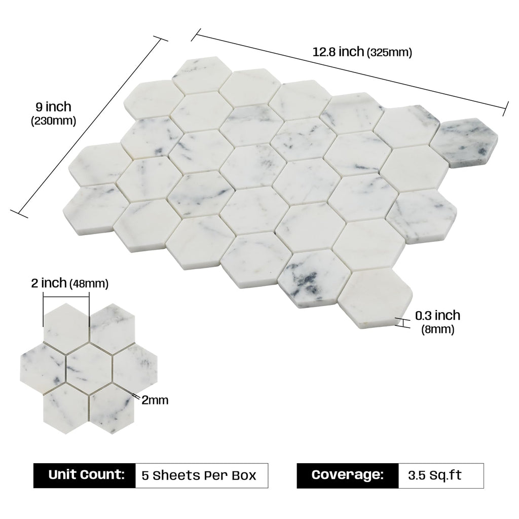 2 Inch Hexagon White Marble Mosaic Tile for Wall Floor, 5 Sheets