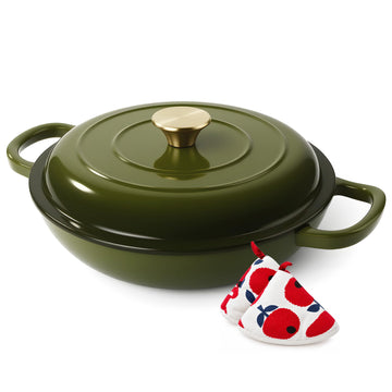Vintage Style 3 Quart Enameled Cast Iron Braiser, Non Stick Enameled Cast Iron Skillet with Lid, Dutch Oven Skillet