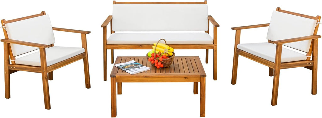 Patio Furniture 4 Piece Acacia Wood Outdoor Conversation Sofa Set with Table & Cushions Porch Chairs for Garden, Deck