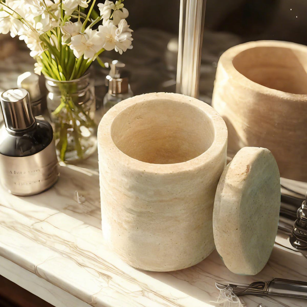 Natural Marble Canister, Cotton Swab Holder with Lid, Marble Toothbrush Holder Qtip Holder Storage for Cotton Swab