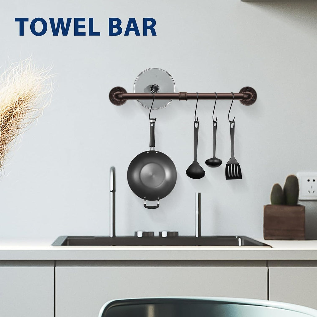 5-Pieces Industrial Pipe Bathroom Hardware Set, Include Towel Bar, Toilet Paper Holder and 3 Robe Hooks, Heavy Duty