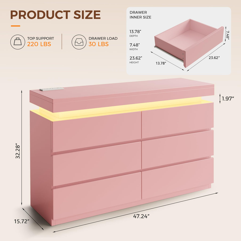 6 Drawer Dresser with LED Lights and Charging Station, Modern Pink Dresser