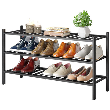 Long Shoe Rack, Bamboo Stackable Shoe Shelf Storage Organizer, Shoe Stand for Closet, Entryway and Hallway (Black